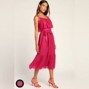 Best Flirt Forward Magenta Shiny Mesh Tie-Strap Midi Dress, Size S, NWT